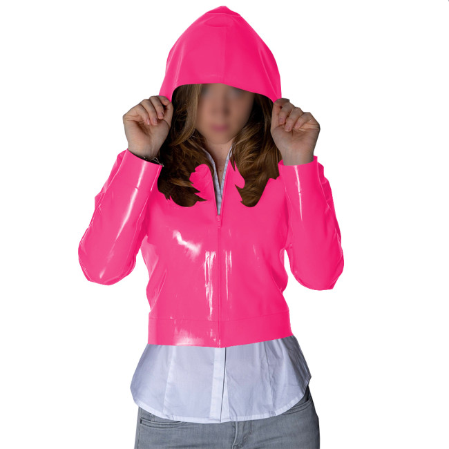 Punk Wetlook Cropped Zipper Up Hoodies Tops Women Streetwear Fashion Casual Ladies Long Sleeves Short Jackets Fetish PVC Coats