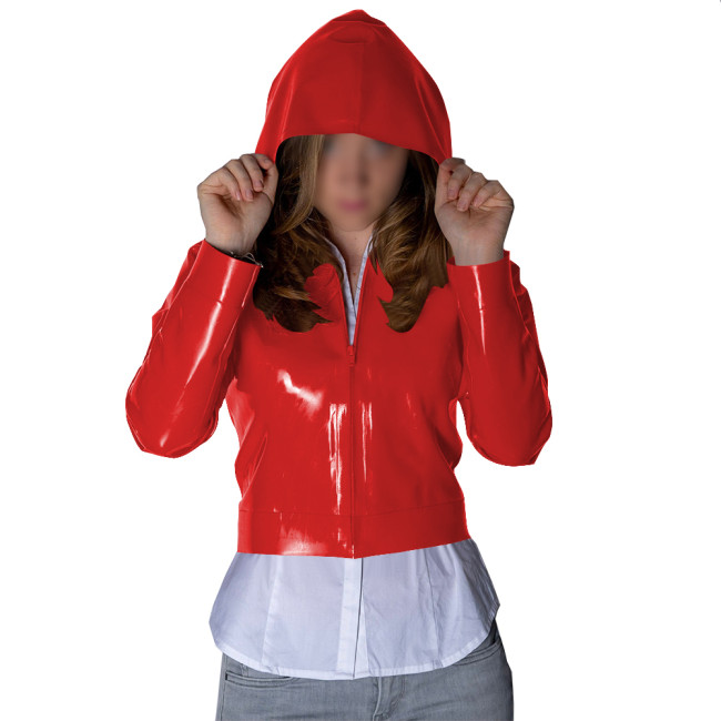 Punk Wetlook Cropped Zipper Up Hoodies Tops Women Streetwear Fashion Casual Ladies Long Sleeves Short Jackets Fetish PVC Coats