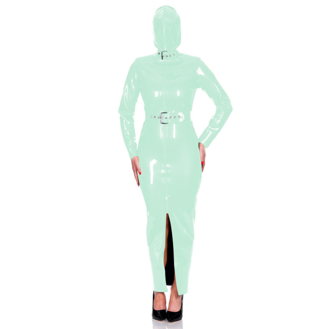 Exotic Club Long Sleeve Bodycon Hoodie Dress Wetlook PVC Leather Long Hobble Pencil Dress with Belt Mens Womens Bondage Bodysuit