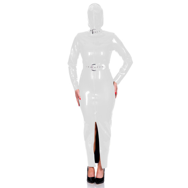 Exotic Club Long Sleeve Bodycon Hoodie Dress Wetlook PVC Leather Long Hobble Pencil Dress with Belt Mens Womens Bondage Bodysuit