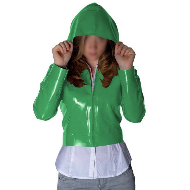 Punk Wetlook Cropped Zipper Up Hoodies Tops Women Streetwear Fashion Casual Ladies Long Sleeves Short Jackets Fetish PVC Coats