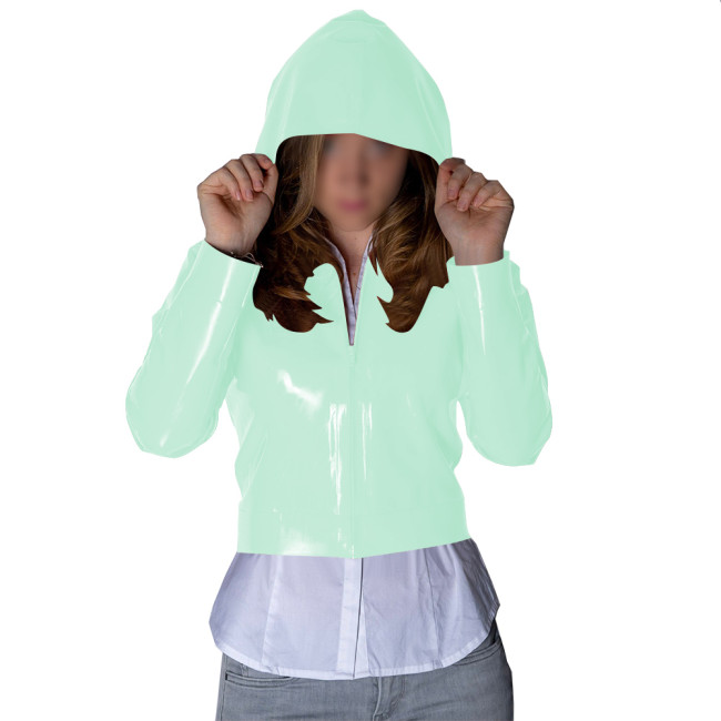 Punk Wetlook Cropped Zipper Up Hoodies Tops Women Streetwear Fashion Casual Ladies Long Sleeves Short Jackets Fetish PVC Coats