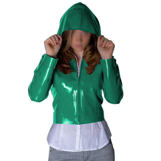 Punk Wetlook Cropped Zipper Up Hoodies Tops Women Streetwear Fashion Casual Ladies Long Sleeves Short Jackets Fetish PVC Coats