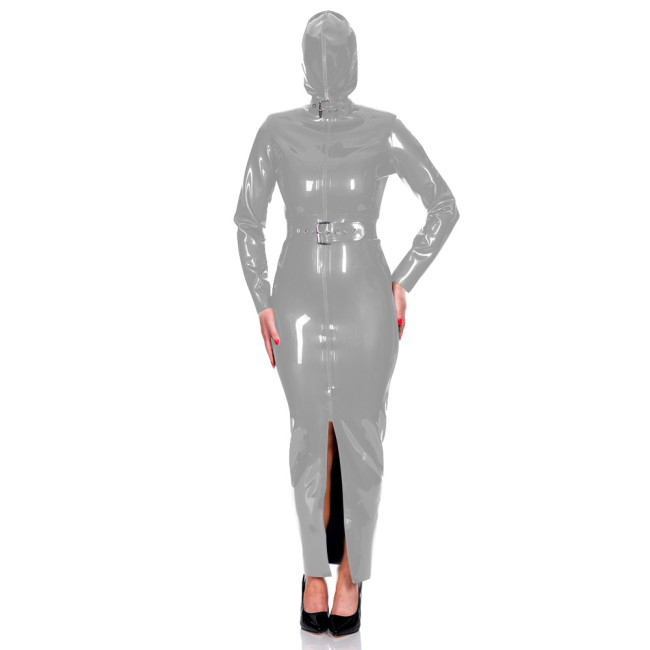 Exotic Club Long Sleeve Bodycon Hoodie Dress Wetlook PVC Leather Long Hobble Pencil Dress with Belt Mens Womens Bondage Bodysuit