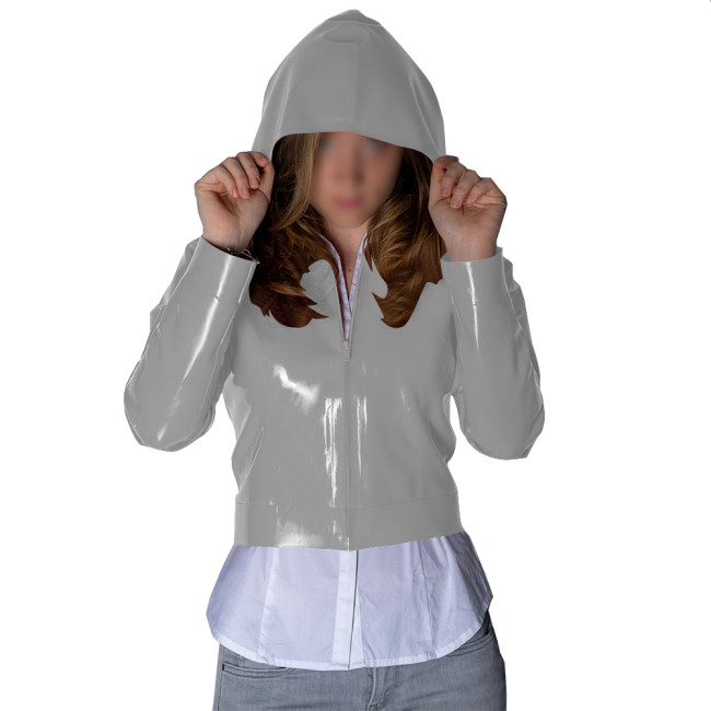 Punk Wetlook Cropped Zipper Up Hoodies Tops Women Streetwear Fashion Casual Ladies Long Sleeves Short Jackets Fetish PVC Coats
