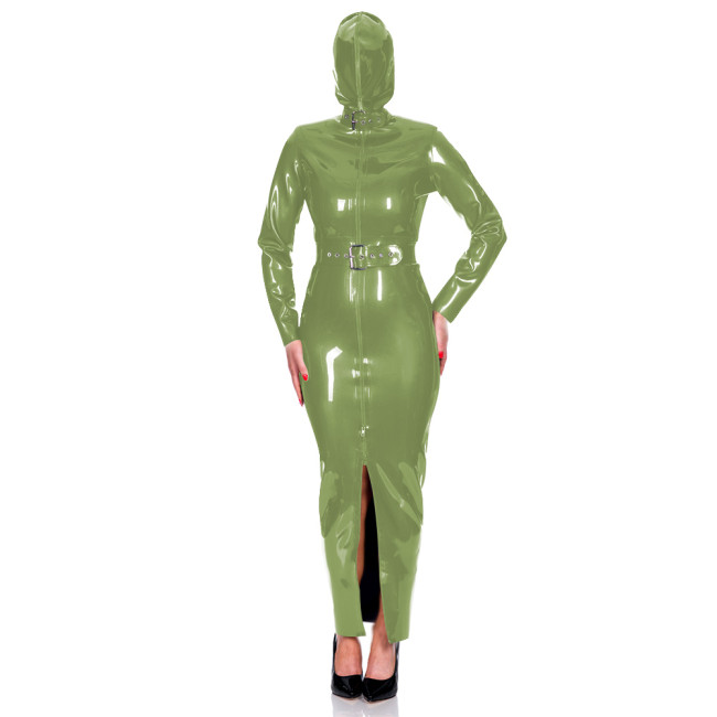 Exotic Club Long Sleeve Bodycon Hoodie Dress Wetlook PVC Leather Long Hobble Pencil Dress with Belt Mens Womens Bondage Bodysuit