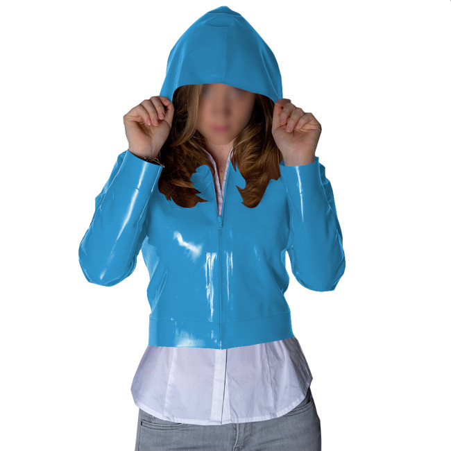Punk Wetlook Cropped Zipper Up Hoodies Tops Women Streetwear Fashion Casual Ladies Long Sleeves Short Jackets Fetish PVC Coats