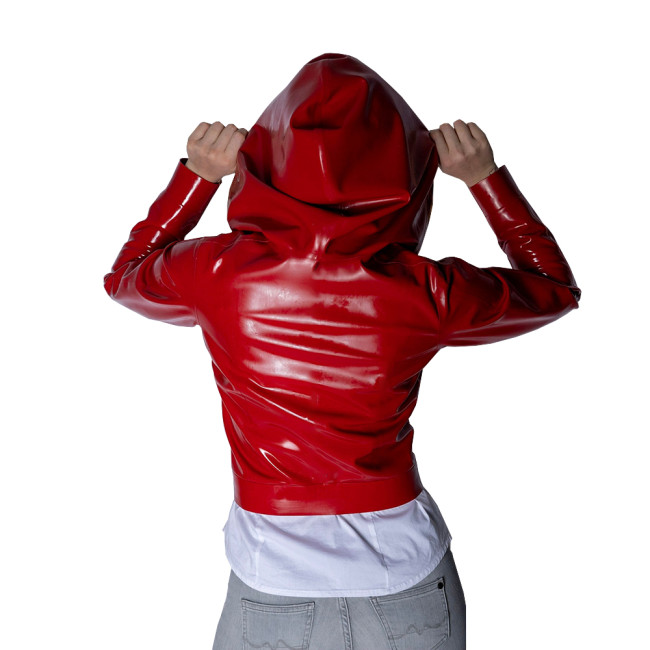 Punk Wetlook Cropped Zipper Up Hoodies Tops Women Streetwear Fashion Casual Ladies Long Sleeves Short Jackets Fetish PVC Coats