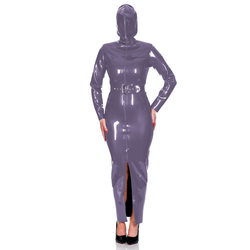Exotic Club Long Sleeve Bodycon Hoodie Dress Wetlook PVC Leather Long Hobble Pencil Dress with Belt Mens Womens Bondage Bodysuit
