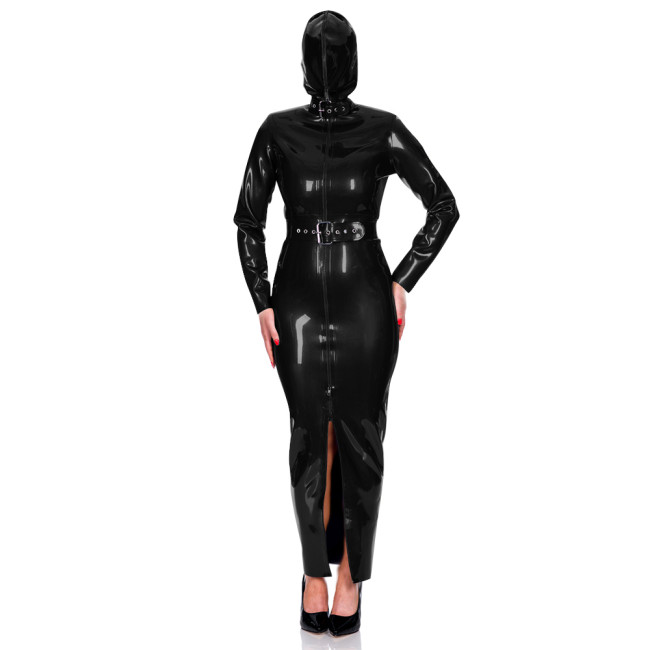 Exotic Club Long Sleeve Bodycon Hoodie Dress Wetlook PVC Leather Long Hobble Pencil Dress with Belt Mens Womens Bondage Bodysuit