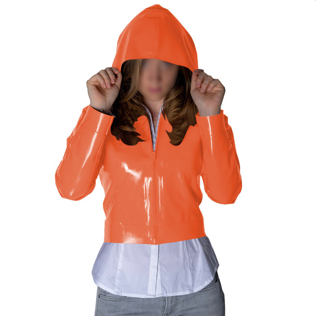 Punk Wetlook Cropped Zipper Up Hoodies Tops Women Streetwear Fashion Casual Ladies Long Sleeves Short Jackets Fetish PVC Coats
