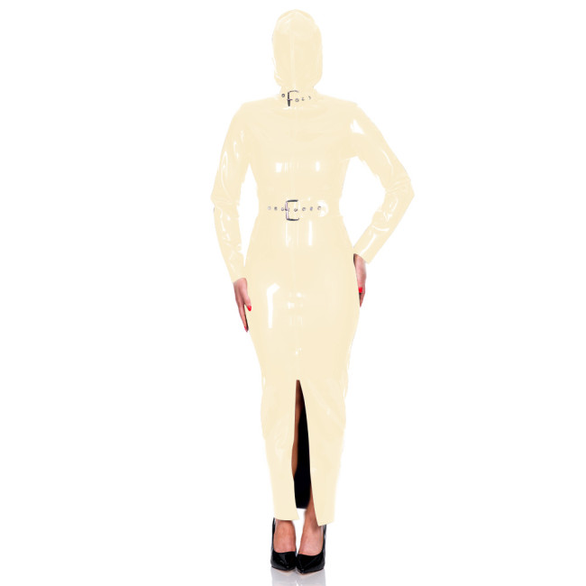 Exotic Club Long Sleeve Bodycon Hoodie Dress Wetlook PVC Leather Long Hobble Pencil Dress with Belt Mens Womens Bondage Bodysuit