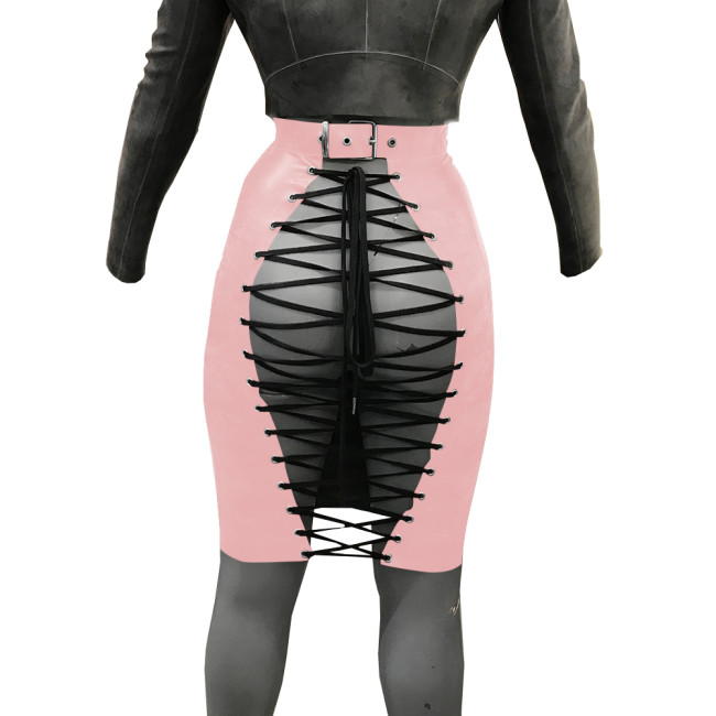 Fetish Sexy Faux PVC Leather Open Back Mini Skirts Exotic Wetlook Bodycon Lace-up Pencil Skirt Mistress Tight Skirts Clubwear