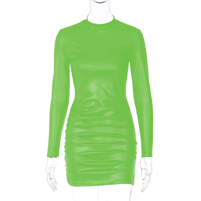 High Street Turtleneck Long Sleeves Sexy Mini Dress for Women Fashion Ruched Matte PU Leather Tight Dress Femme Club Party Dress
