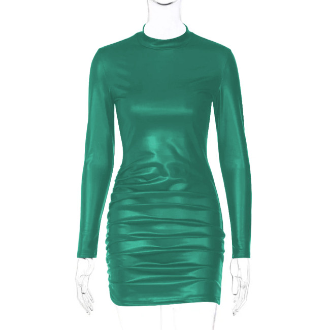 High Street Turtleneck Long Sleeves Sexy Mini Dress for Women Fashion Ruched Matte PU Leather Tight Dress Femme Club Party Dress