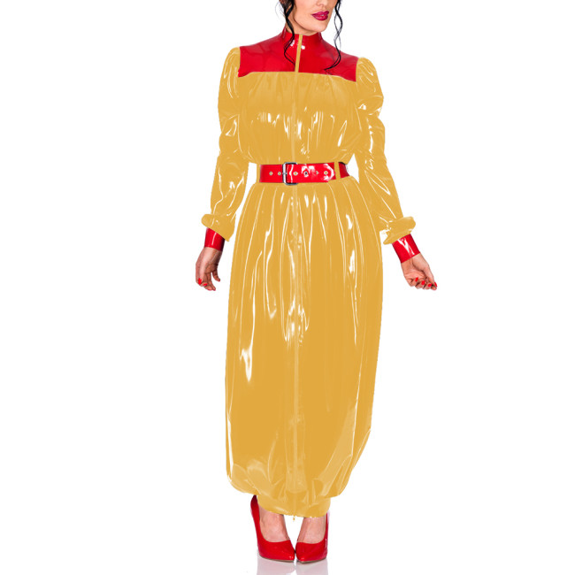 Plus Size Chic Turtleneck Wrap Hips Long Dress Women Zipper PVC Shiny Puff Long Sleeves Bodycon Dress Party Pleats Vestidos