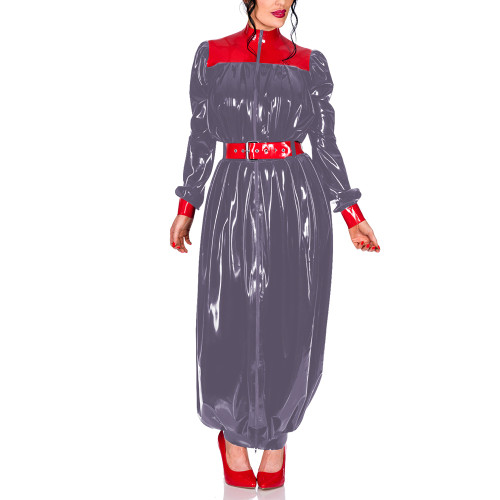 Plus Size Chic Turtleneck Wrap Hips Long Dress Women Zipper PVC Shiny Puff Long Sleeves Bodycon Dress Party Pleats Vestidos