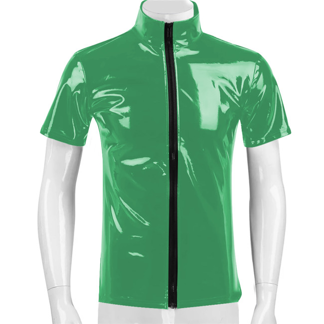 Short Sleeve Vinyl PVC Leather Jackets Mens Club Casual Coats Zipper Stand Collar Slim Tops Sexy Clubwear Party Wetlook T-Shirt