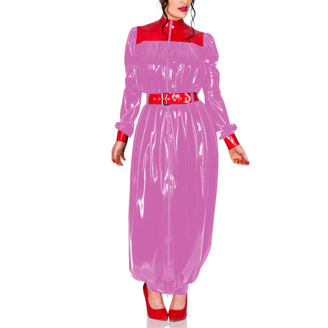 Plus Size Chic Turtleneck Wrap Hips Long Dress Women Zipper PVC Shiny Puff Long Sleeves Bodycon Dress Party Pleats Vestidos