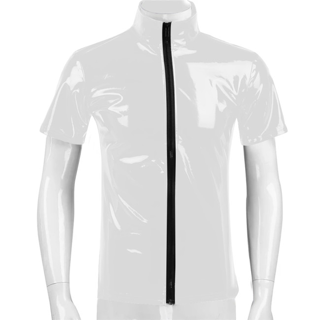 Short Sleeve Vinyl PVC Leather Jackets Mens Club Casual Coats Zipper Stand Collar Slim Tops Sexy Clubwear Party Wetlook T-Shirt
