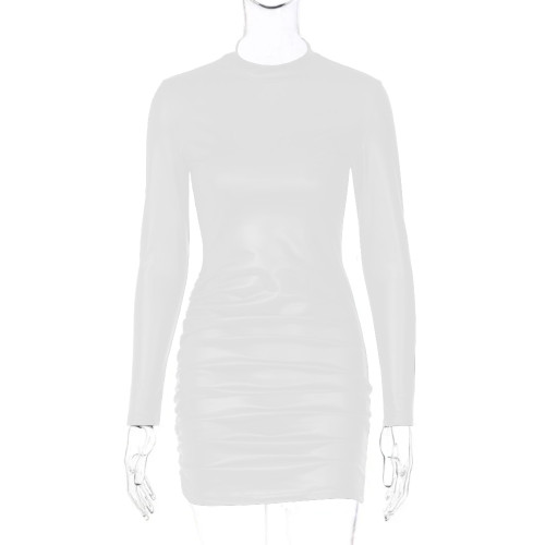 High Street Turtleneck Long Sleeves Sexy Mini Dress for Women Fashion Ruched Matte PU Leather Tight Dress Femme Club Party Dress