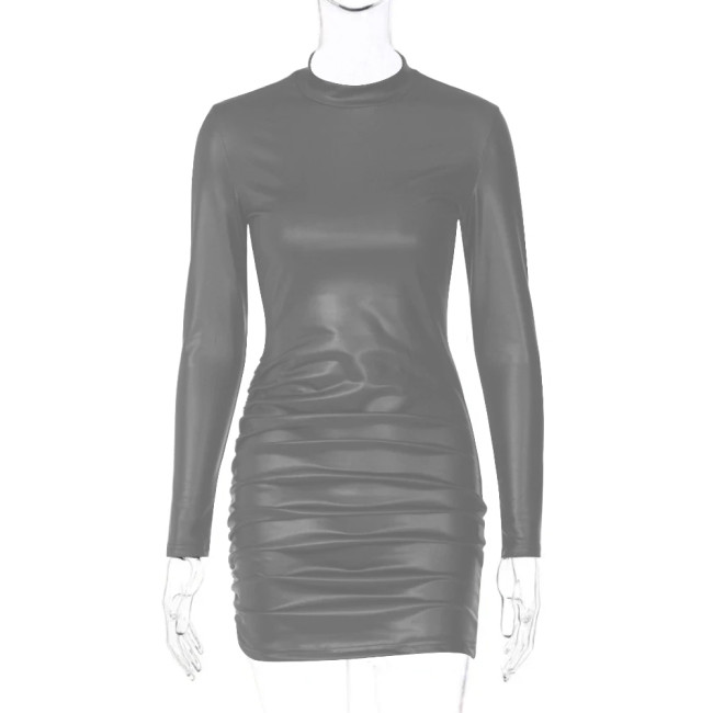 High Street Turtleneck Long Sleeves Sexy Mini Dress for Women Fashion Ruched Matte PU Leather Tight Dress Femme Club Party Dress