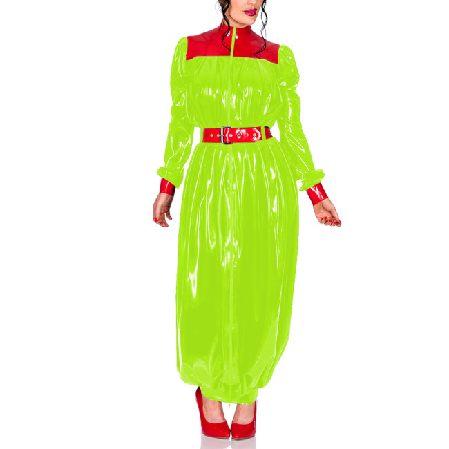 Plus Size Chic Turtleneck Wrap Hips Long Dress Women Zipper PVC Shiny Puff Long Sleeves Bodycon Dress Party Pleats Vestidos