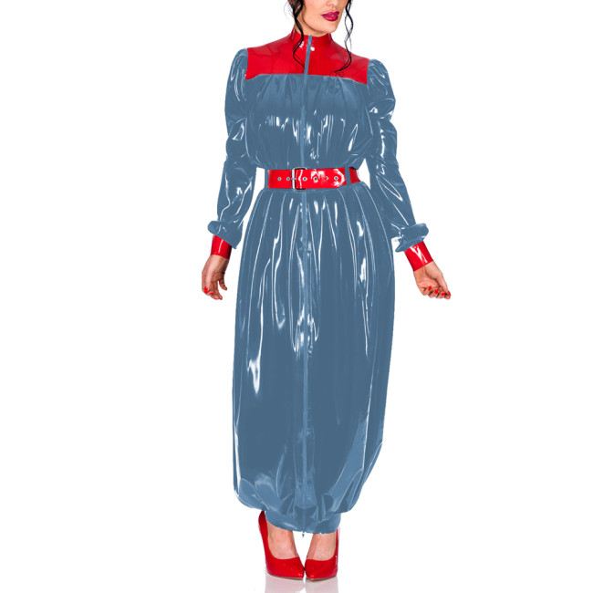 Plus Size Chic Turtleneck Wrap Hips Long Dress Women Zipper PVC Shiny Puff Long Sleeves Bodycon Dress Party Pleats Vestidos