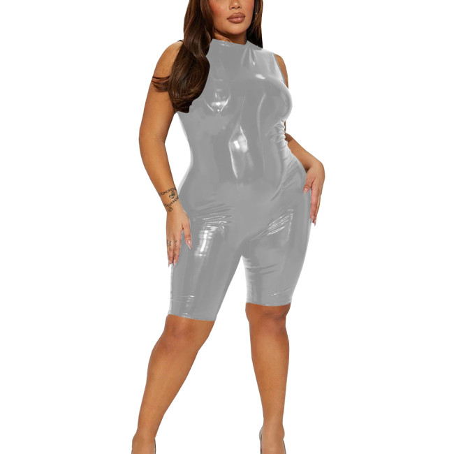 Womens  Glossy PVC Leather Romper High Street Sleeveless Zipper Back Party Club Shorts Overalls Vinyl Streetwear Tight Playsuit