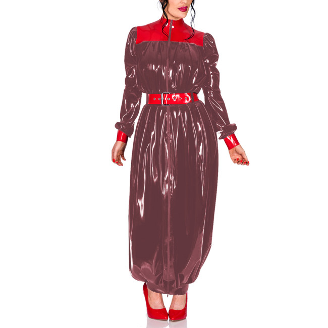 Plus Size Chic Turtleneck Wrap Hips Long Dress Women Zipper PVC Shiny Puff Long Sleeves Bodycon Dress Party Pleats Vestidos