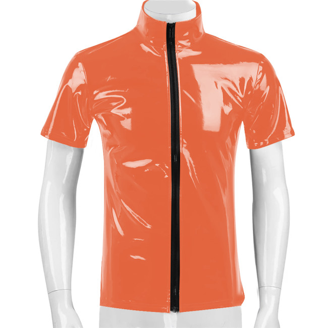 Short Sleeve Vinyl PVC Leather Jackets Mens Club Casual Coats Zipper Stand Collar Slim Tops Sexy Clubwear Party Wetlook T-Shirt