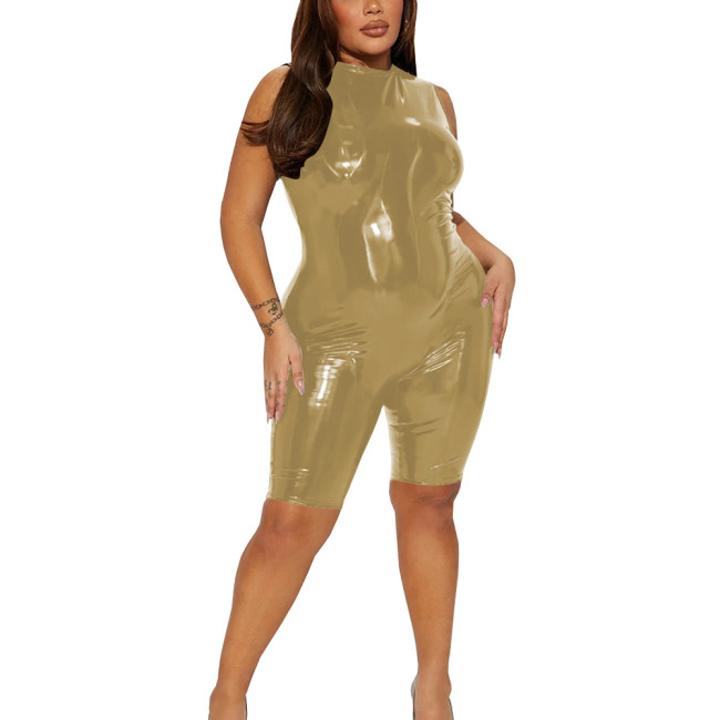 Womens  Glossy PVC Leather Romper High Street Sleeveless Zipper Back Party Club Shorts Overalls Vinyl Streetwear Tight Playsuit