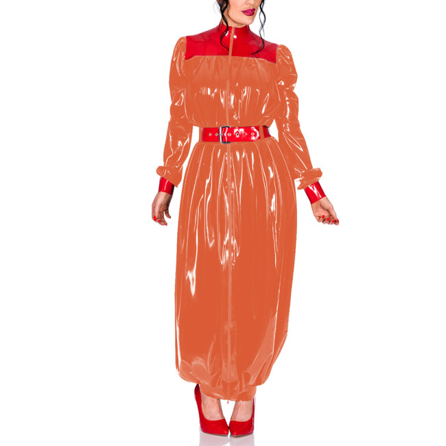 Plus Size Chic Turtleneck Wrap Hips Long Dress Women Zipper PVC Shiny Puff Long Sleeves Bodycon Dress Party Pleats Vestidos