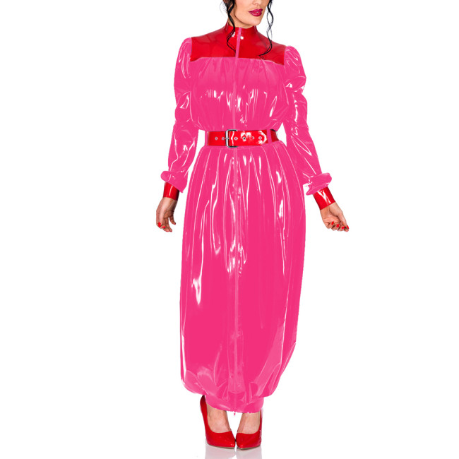 Plus Size Chic Turtleneck Wrap Hips Long Dress Women Zipper PVC Shiny Puff Long Sleeves Bodycon Dress Party Pleats Vestidos