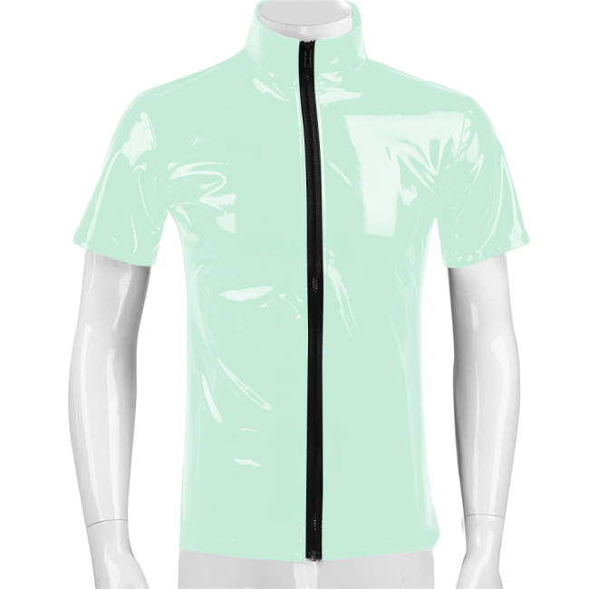 Short Sleeve Vinyl PVC Leather Jackets Mens Club Casual Coats Zipper Stand Collar Slim Tops Sexy Clubwear Party Wetlook T-Shirt