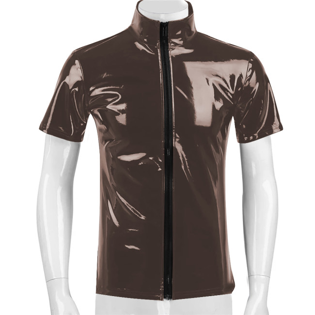 Short Sleeve Vinyl PVC Leather Jackets Mens Club Casual Coats Zipper Stand Collar Slim Tops Sexy Clubwear Party Wetlook T-Shirt
