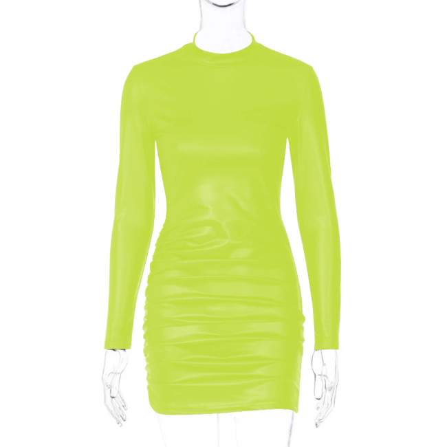 High Street Turtleneck Long Sleeves Sexy Mini Dress for Women Fashion Ruched Matte PU Leather Tight Dress Femme Club Party Dress