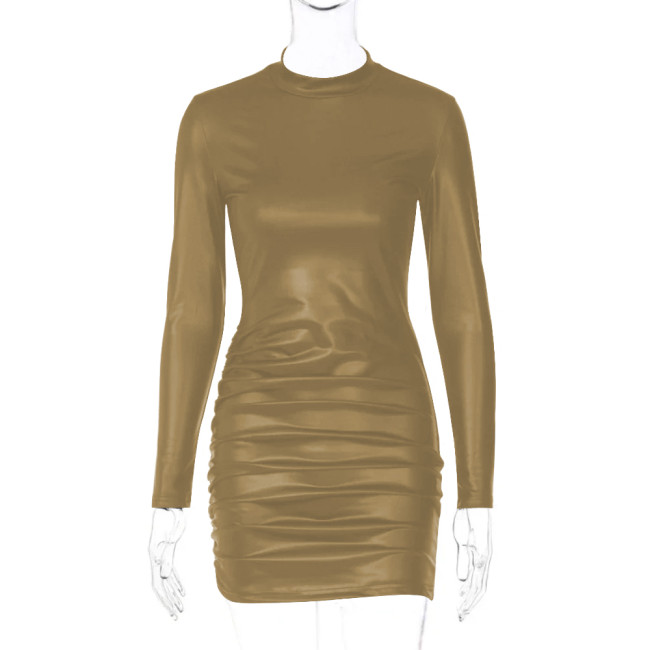 High Street Turtleneck Long Sleeves Sexy Mini Dress for Women Fashion Ruched Matte PU Leather Tight Dress Femme Club Party Dress