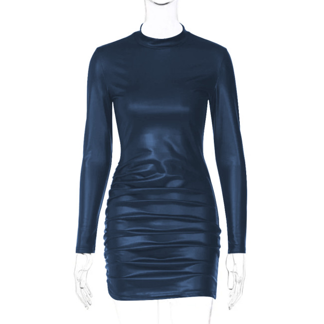 High Street Turtleneck Long Sleeves Sexy Mini Dress for Women Fashion Ruched Matte PU Leather Tight Dress Femme Club Party Dress