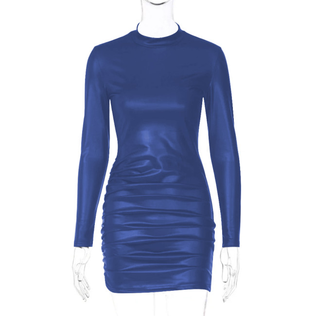 High Street Turtleneck Long Sleeves Sexy Mini Dress for Women Fashion Ruched Matte PU Leather Tight Dress Femme Club Party Dress