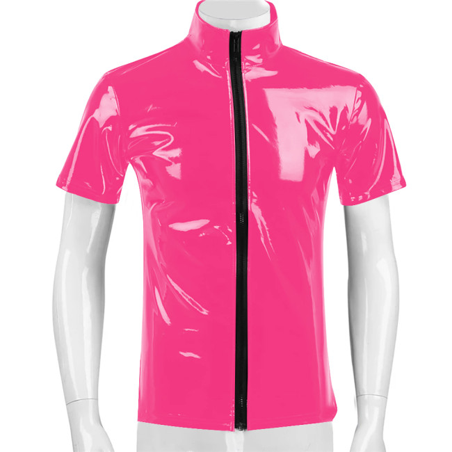 Short Sleeve Vinyl PVC Leather Jackets Mens Club Casual Coats Zipper Stand Collar Slim Tops Sexy Clubwear Party Wetlook T-Shirt