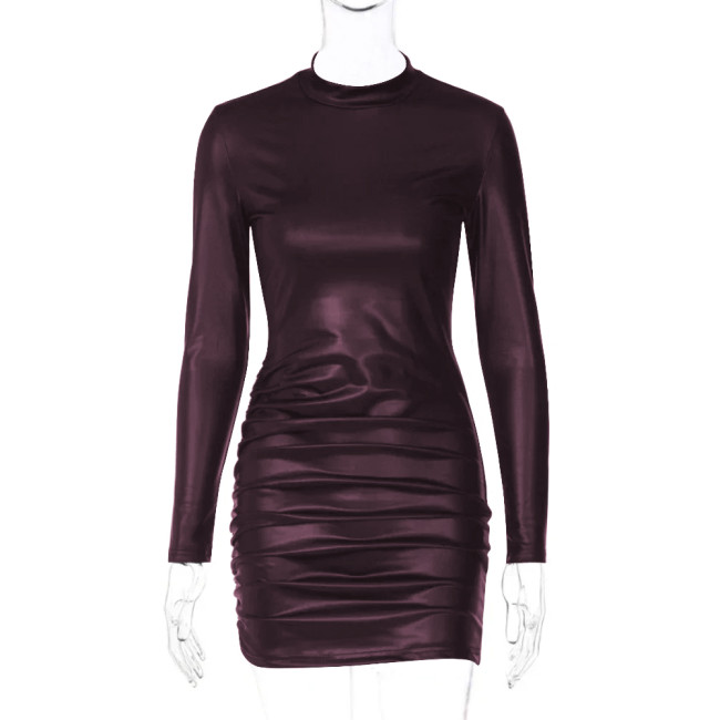 High Street Turtleneck Long Sleeves Sexy Mini Dress for Women Fashion Ruched Matte PU Leather Tight Dress Femme Club Party Dress