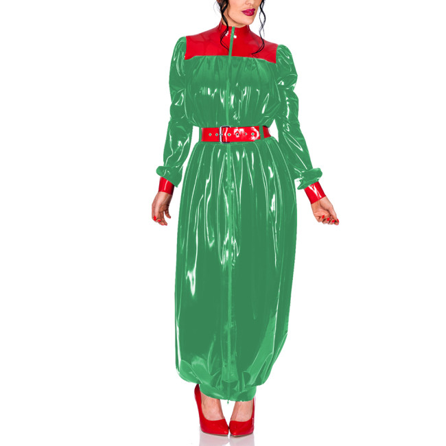 Plus Size Chic Turtleneck Wrap Hips Long Dress Women Zipper PVC Shiny Puff Long Sleeves Bodycon Dress Party Pleats Vestidos