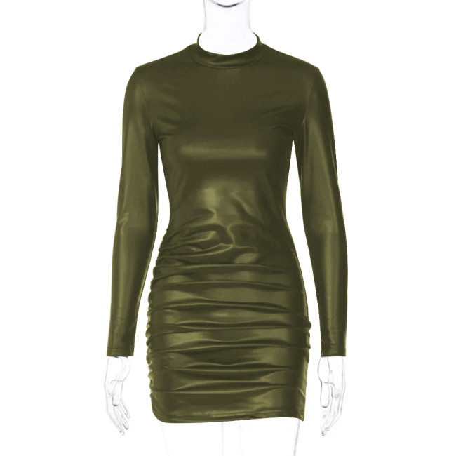 High Street Turtleneck Long Sleeves Sexy Mini Dress for Women Fashion Ruched Matte PU Leather Tight Dress Femme Club Party Dress