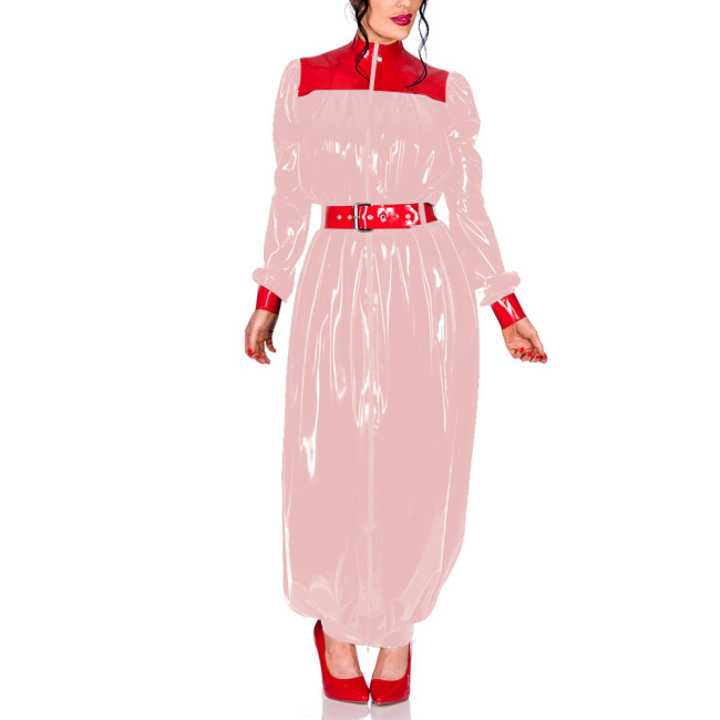 Plus Size Chic Turtleneck Wrap Hips Long Dress Women Zipper PVC Shiny Puff Long Sleeves Bodycon Dress Party Pleats Vestidos