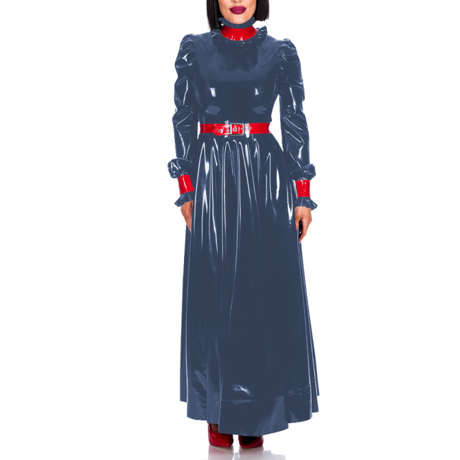 Plus Size Turleneck Waist-Cinching Elegant Dress for Womens Ankle Length Glossy PVC Leather Evening Gown Dress Sissy Vestidos