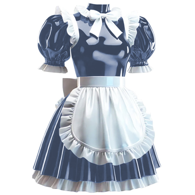 Sissy Lockable Maid Fancy Dress with Apron Crossdress Pleated Maid Outfits Wetlook PVC Leather French Masquerade Cosplay Costume