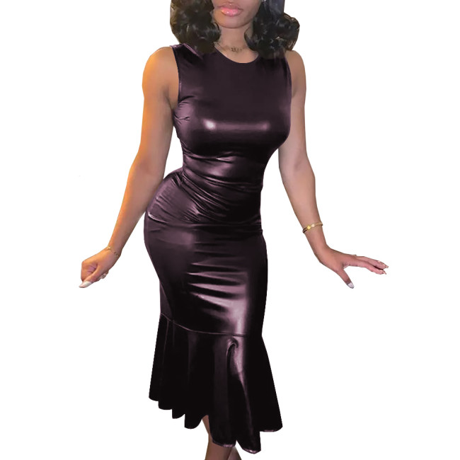 Plus Size Summer PU Leather Bodycon Sexy Dress Womens O-Neck Sleeveless Ruffled Party Sundress High Street Slim Mermaid Dress
