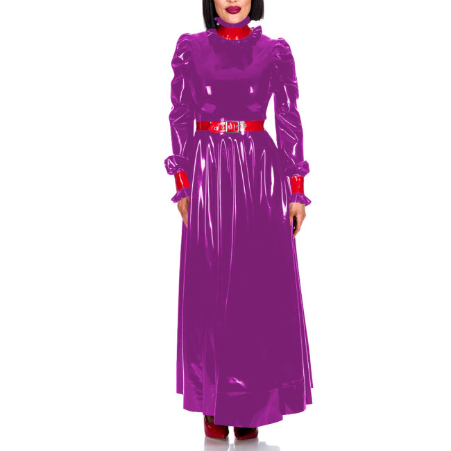 Plus Size Turleneck Waist-Cinching Elegant Dress for Womens Ankle Length Glossy PVC Leather Evening Gown Dress Sissy Vestidos