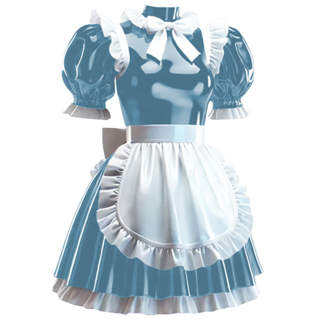 Sissy Lockable Maid Fancy Dress with Apron Crossdress Pleated Maid Outfits Wetlook PVC Leather French Masquerade Cosplay Costume